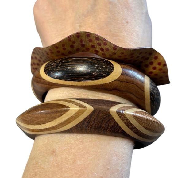 Set of 3 Wooden Bangles – Boho Artisan Inlay & Polka Dot Wood Bracelet Stack - Picture 2 of 6